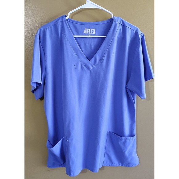4 Flex Short Sleeve Stretchy Blue V Neck Scrub Top XL - Picture 1 of 4